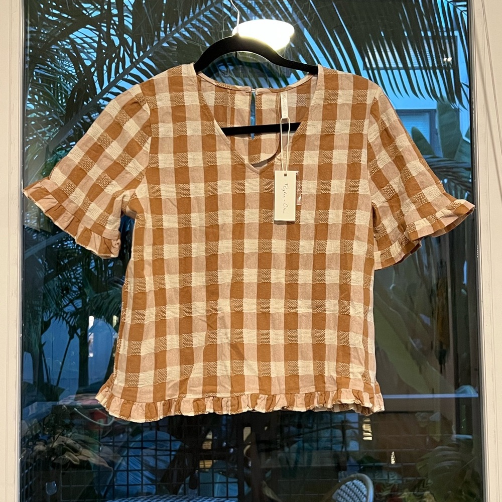 Rylee + Cru Brown & White Plaid Ruffle Top XS (New with Tags)